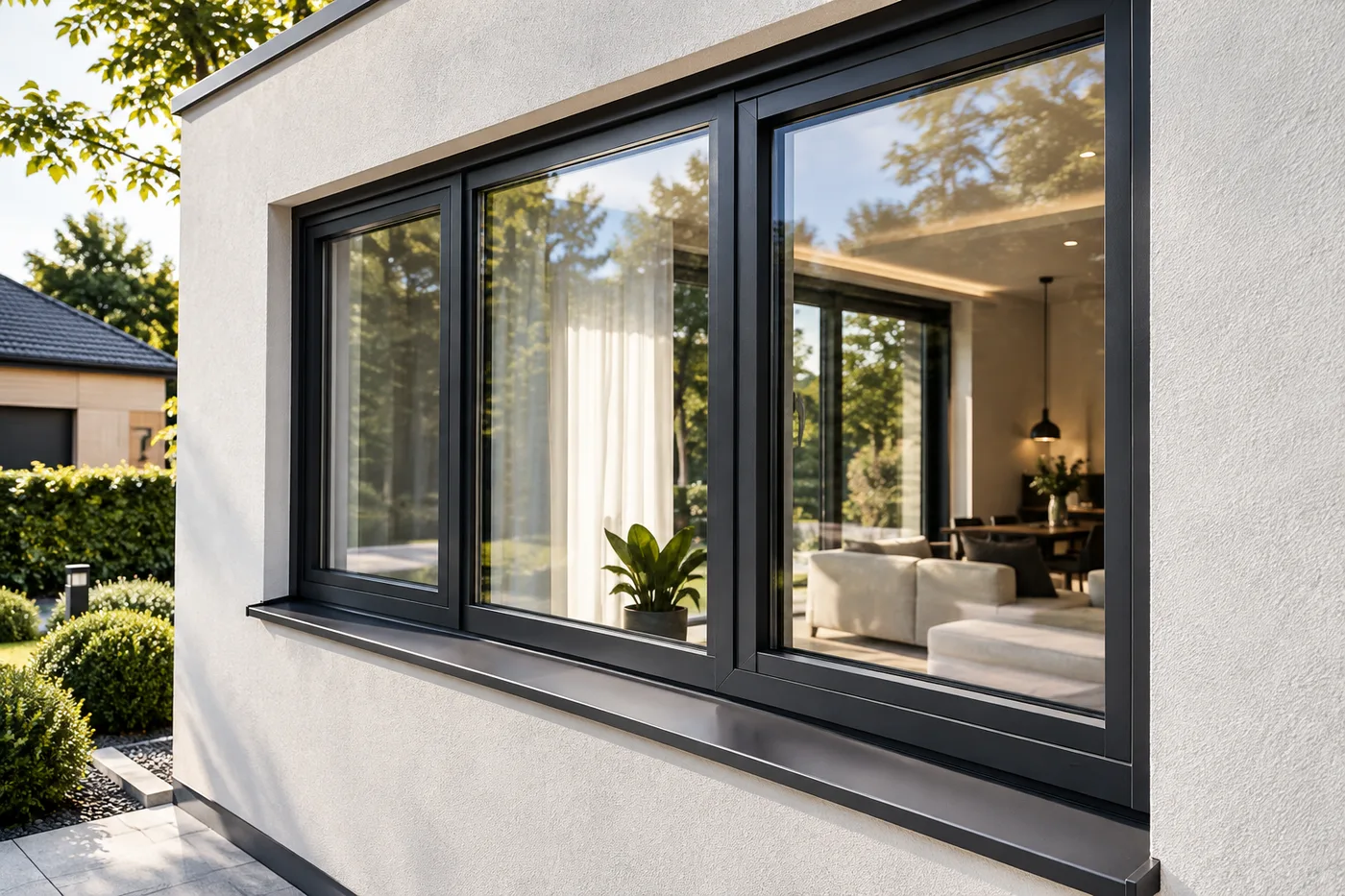 Moderne anthrazitfarbene Fenster an einem Wohnhaus
