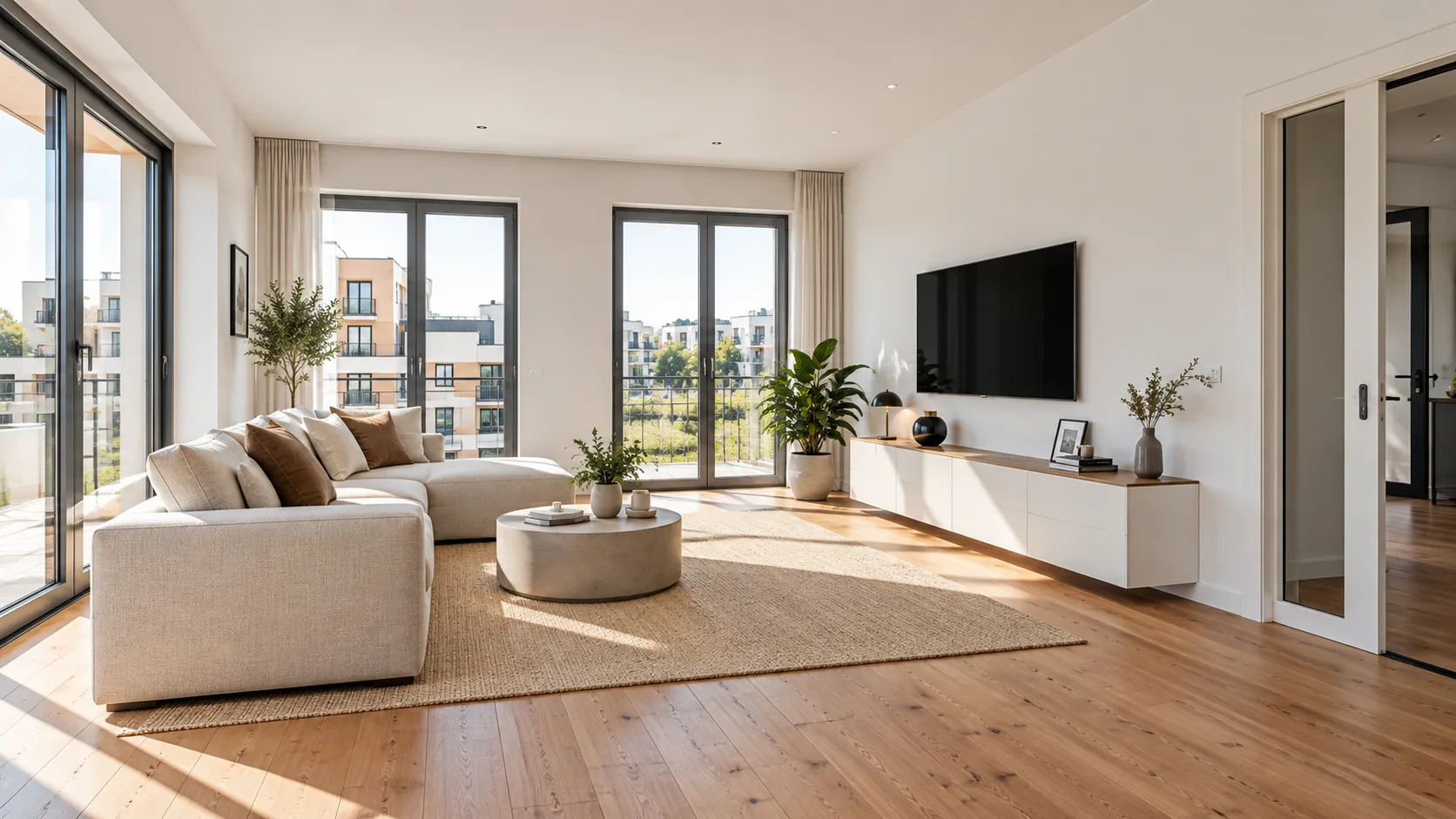 Modernes Wohninterieur mit großen Fenstern und Türen